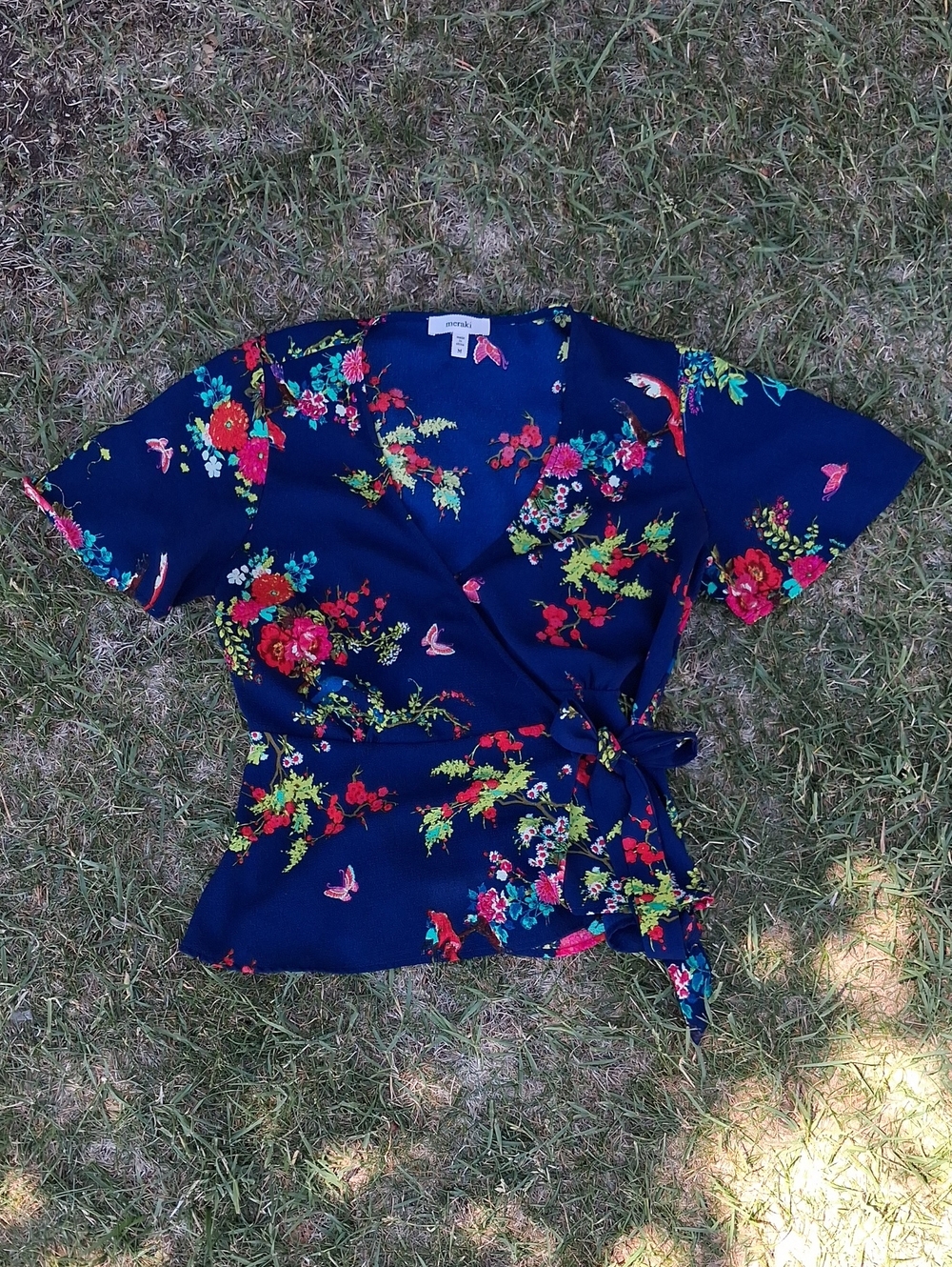 meraki Navy Floral Wrap Top with Multicolor Print
